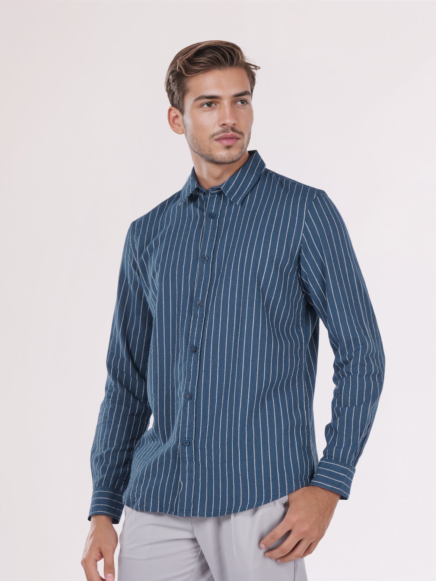 Celio* Men Blue Striped Regular Fit Cotton Shirts