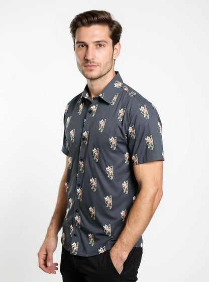 Celio* Men Black Printed Regular Fit Cotton Kaiju Shirt