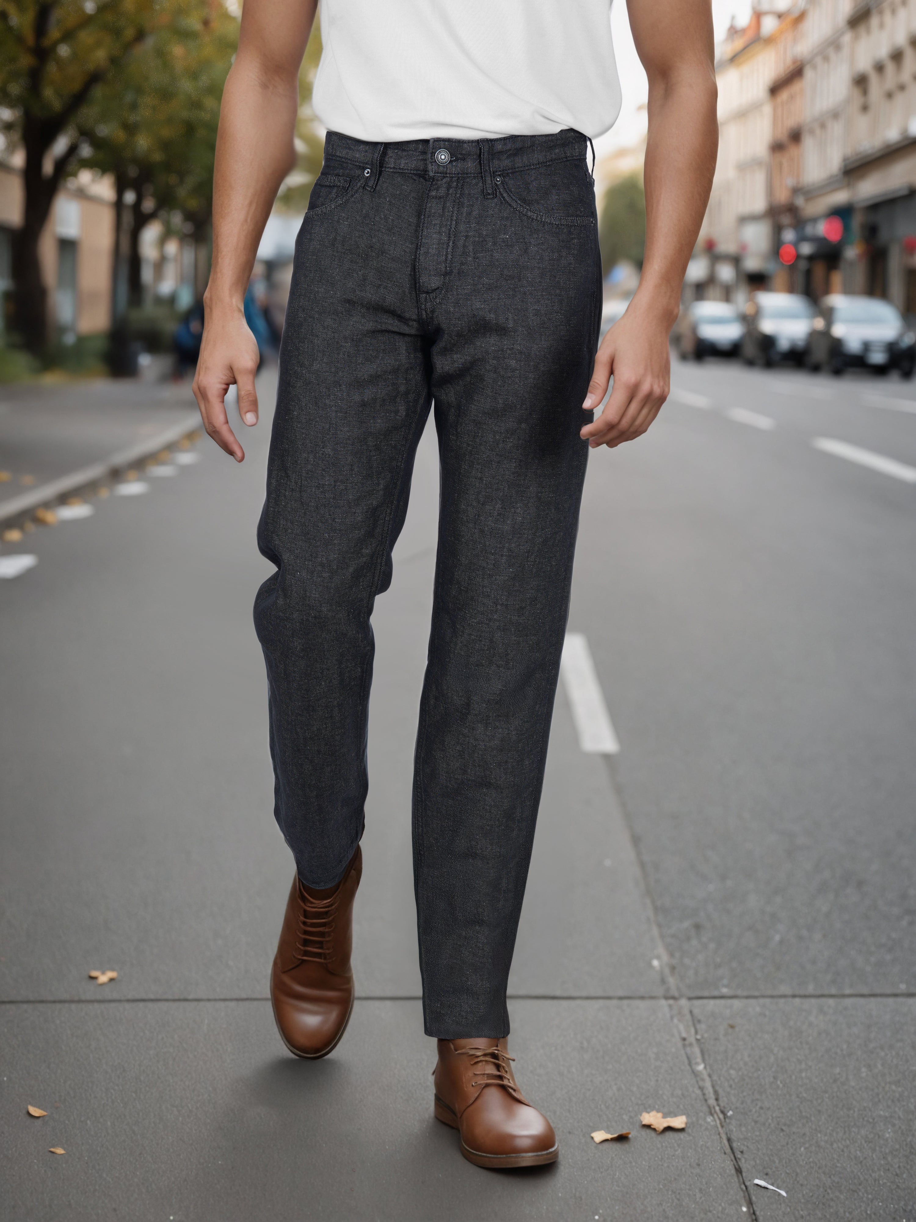 Celio* Men Black Solid Straight Fit Cotton-Linen-Blend Jeans