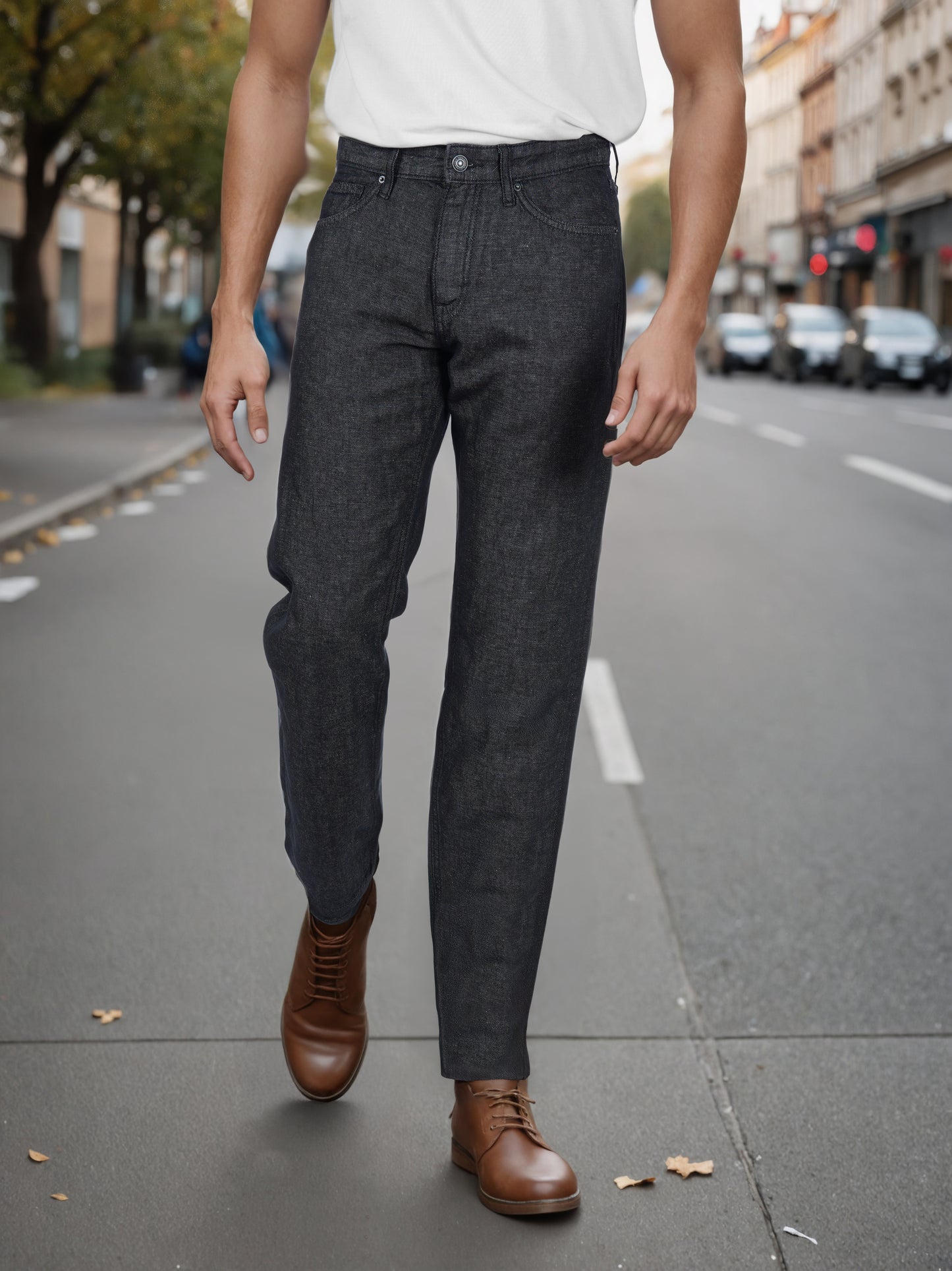 Celio* Men Black Solid Straight Fit Cotton-Linen-Blend Jeans