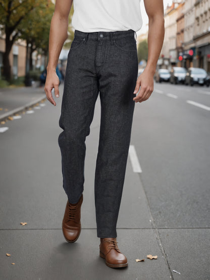 Celio* Men Black Solid Straight Fit Cotton-Linen-Blend Jeans
