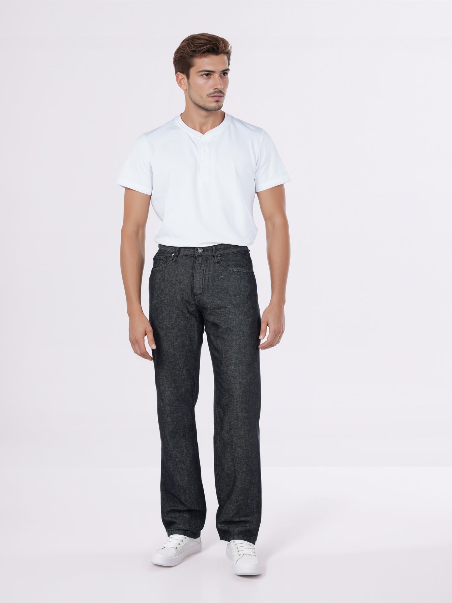 Celio* Men Black Solid Straight Fit Cotton-Linen-Blend Jeans