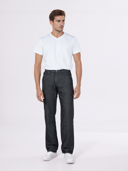 Celio* Men Black Solid Straight Fit Cotton-Linen-Blend Jeans