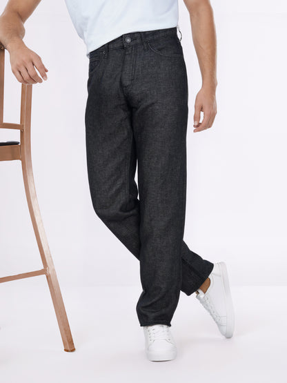 Celio* Men Black Solid Straight Fit Cotton-Linen-Blend Jeans