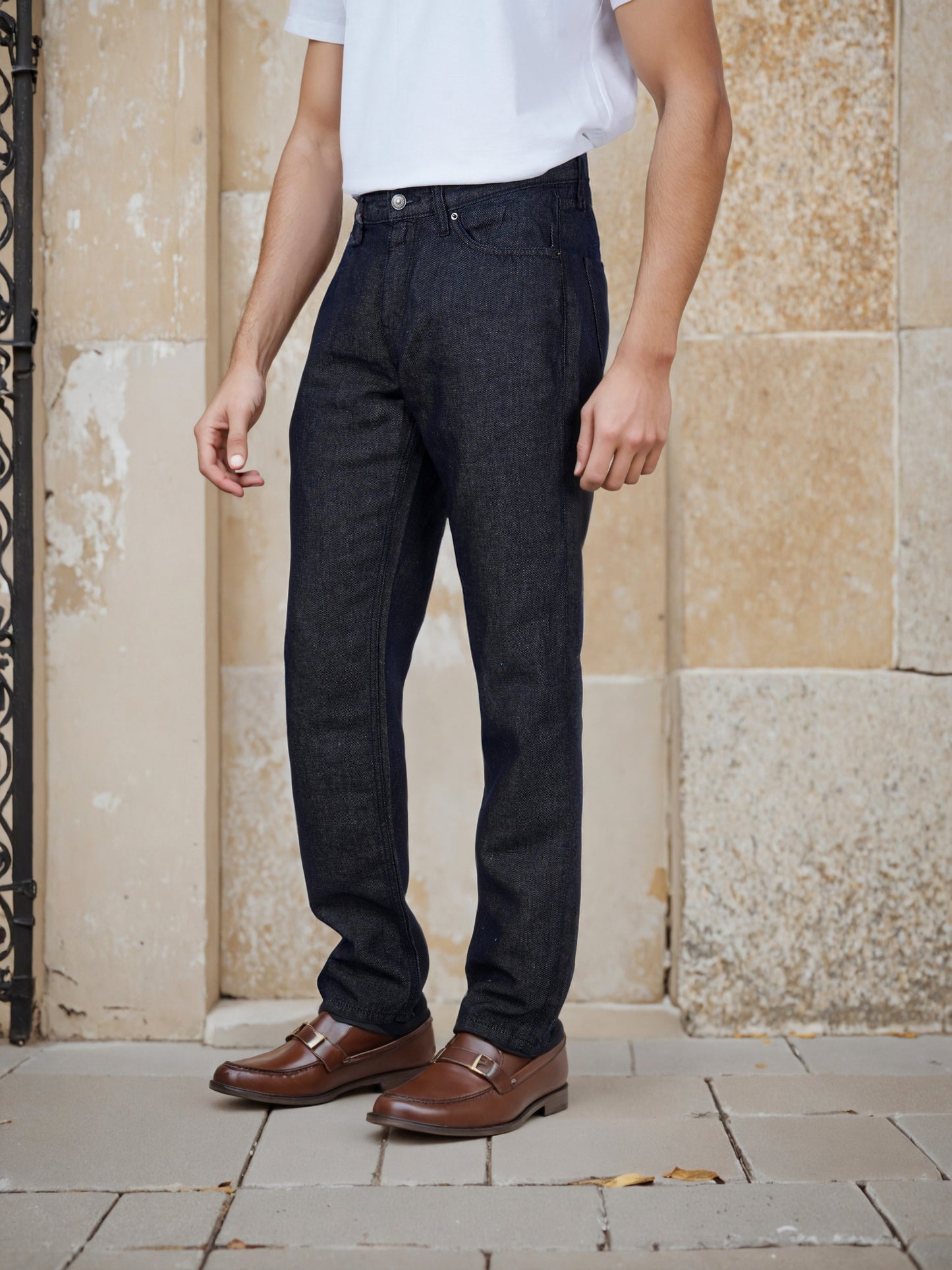 Celio* Men Black Solid Straight Fit Cotton-Linen-Blend Jeans