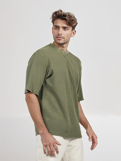 Celio* Men Khaki Solid Oversized Cotton T-shirt