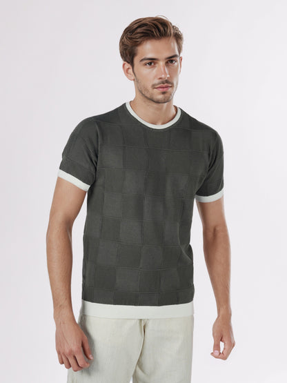 Celio* Men Olive Checked Regular Fit Cotton T-Shirts