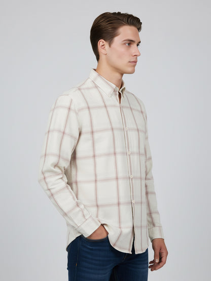 Celio* Men Beige Checked Regular Fit Cotton Shirts