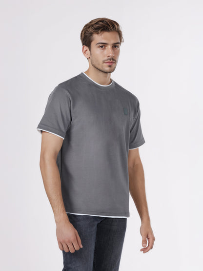 Celio* Men Grey Solid Boxy Fit Cotton-Poly-Blend T-Shirts