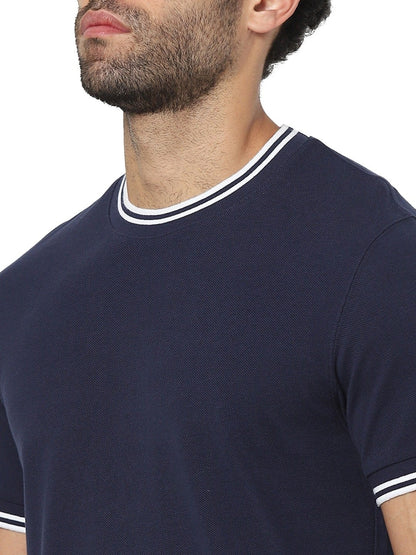 Celio Men Navy Blue Solid Straight Fit Cotton T-Shirts