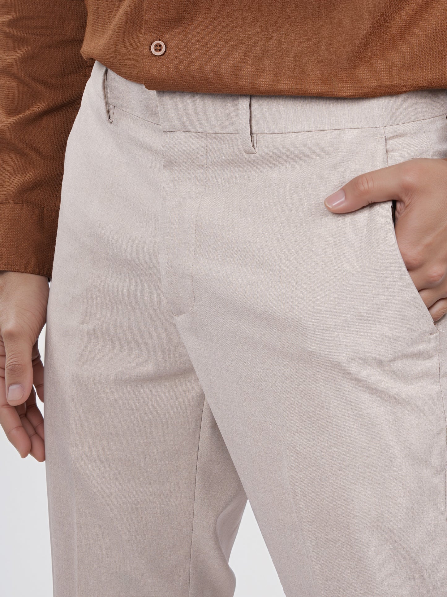 Celio* Men Beige Solid Slim Fit Polyester Trouser