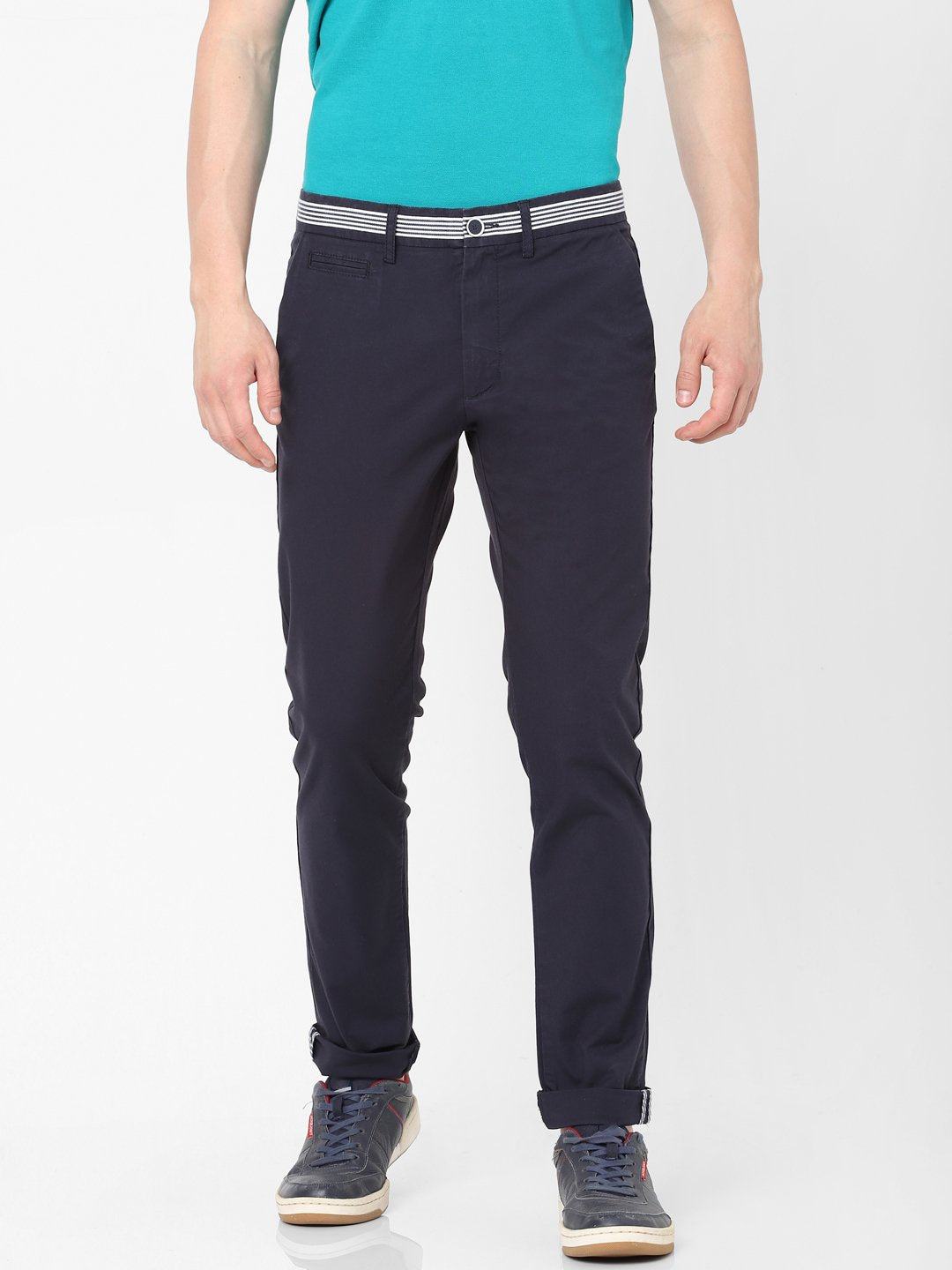 Celio* Men Blue Solid Slim Fit Cotton Trousers