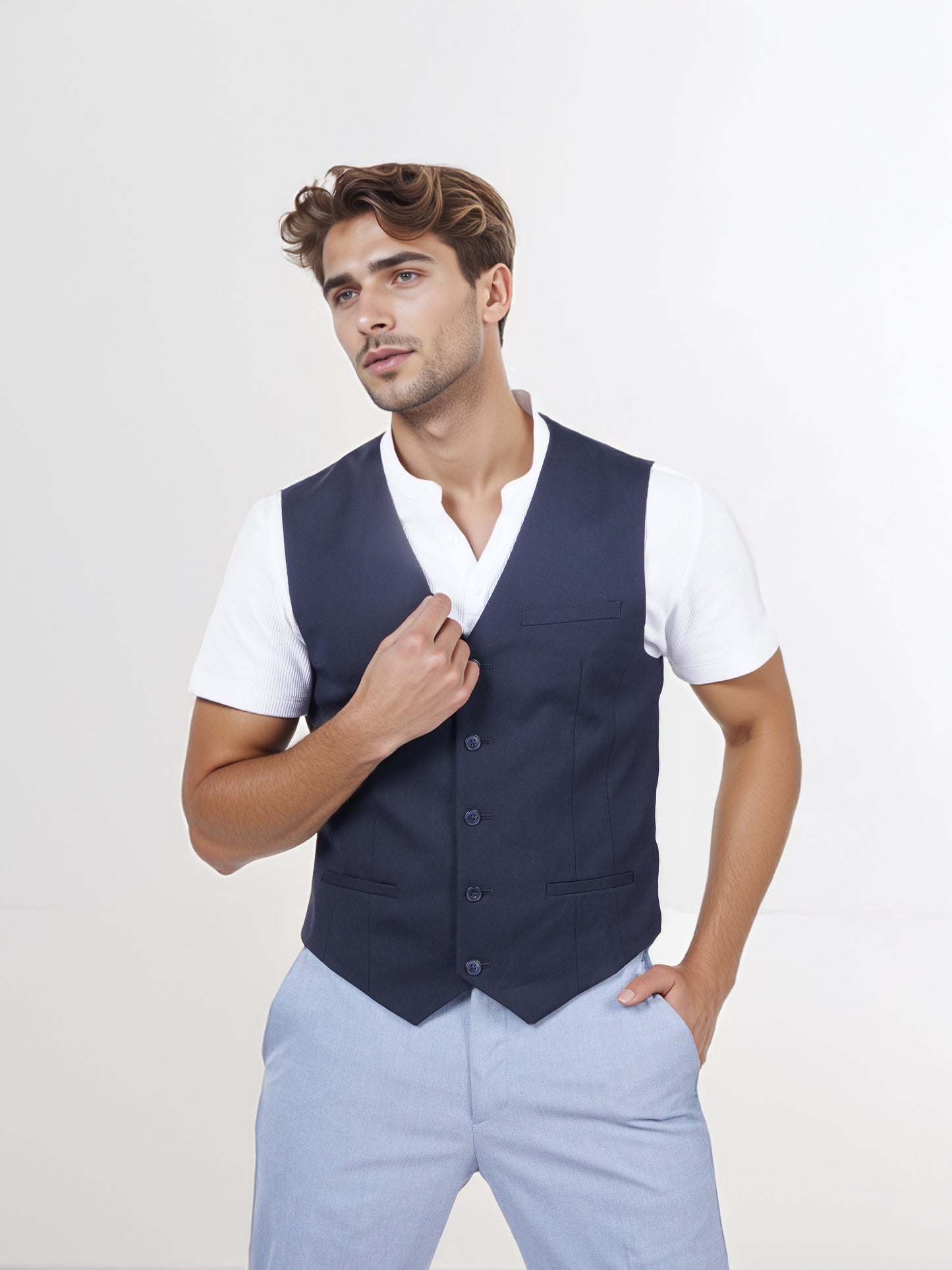 Celio* Men Blue Solid Regular Fit Polyester Blend Waistcoat