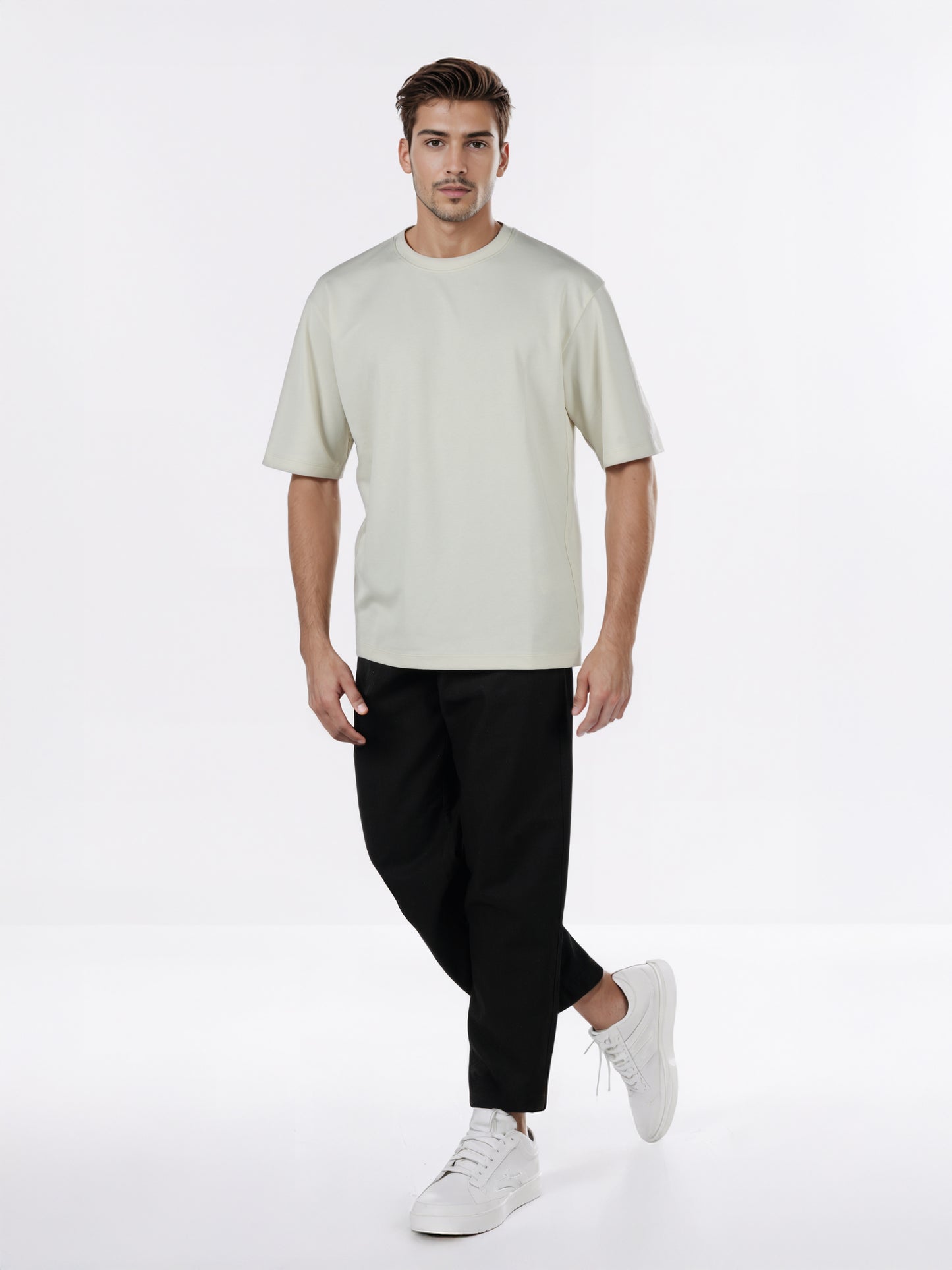 Celio* Men Cream Solid Oversized Cotton-Blend T-Shirts