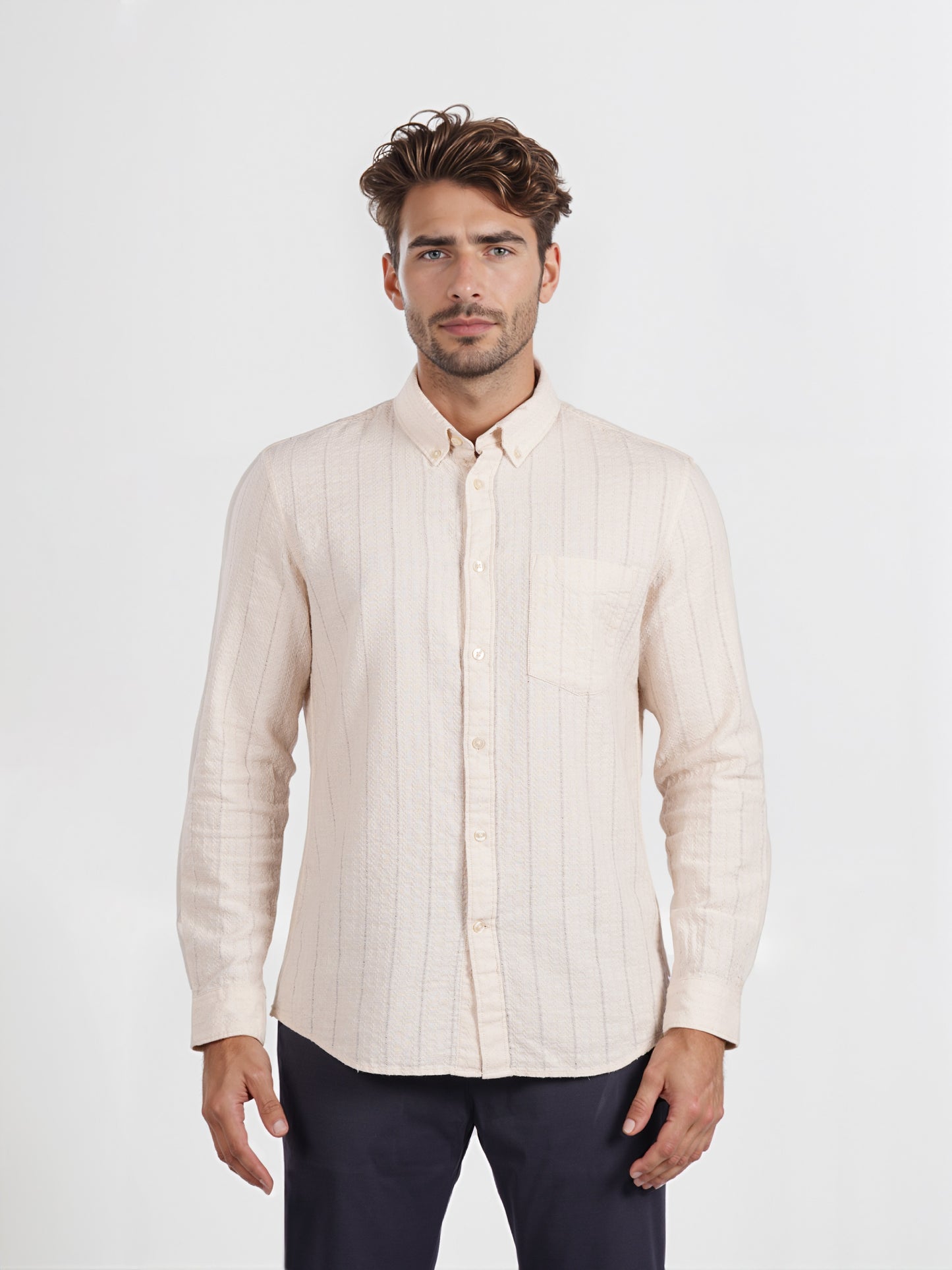 Celio* Striped Cotton Beige Regular Fit Men Shirt