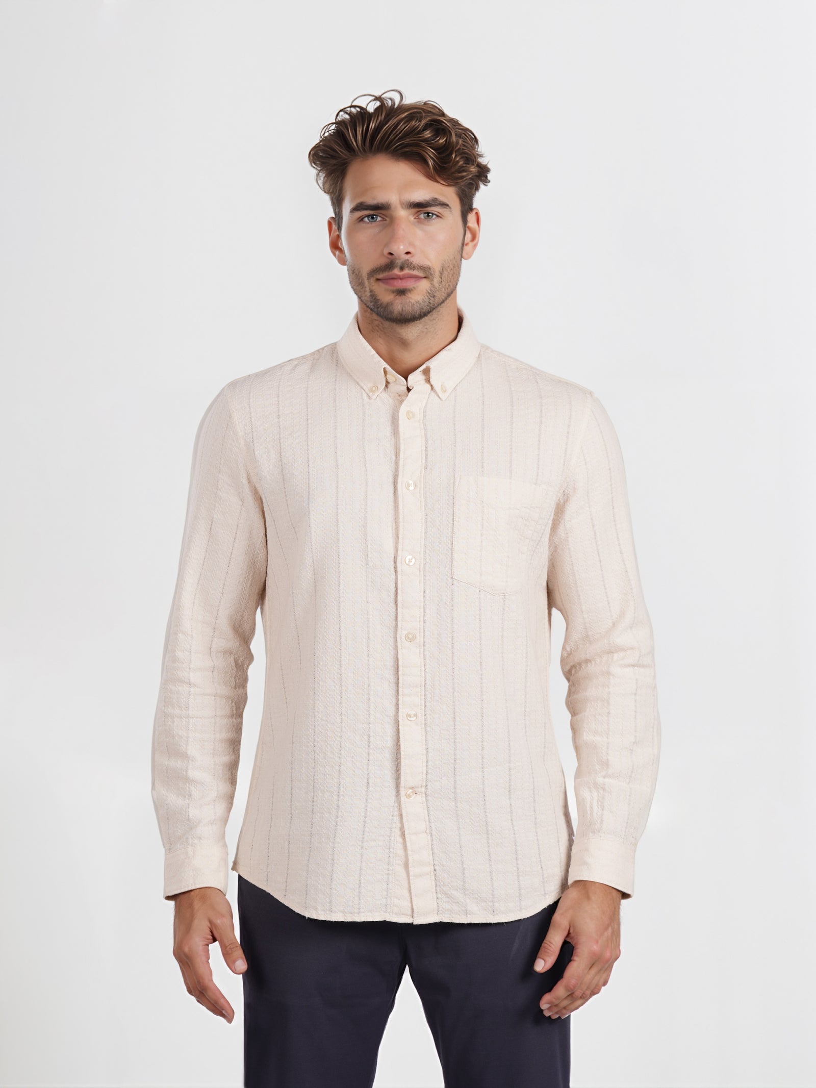Celio* Striped Cotton Beige Regular Fit Men Shirt