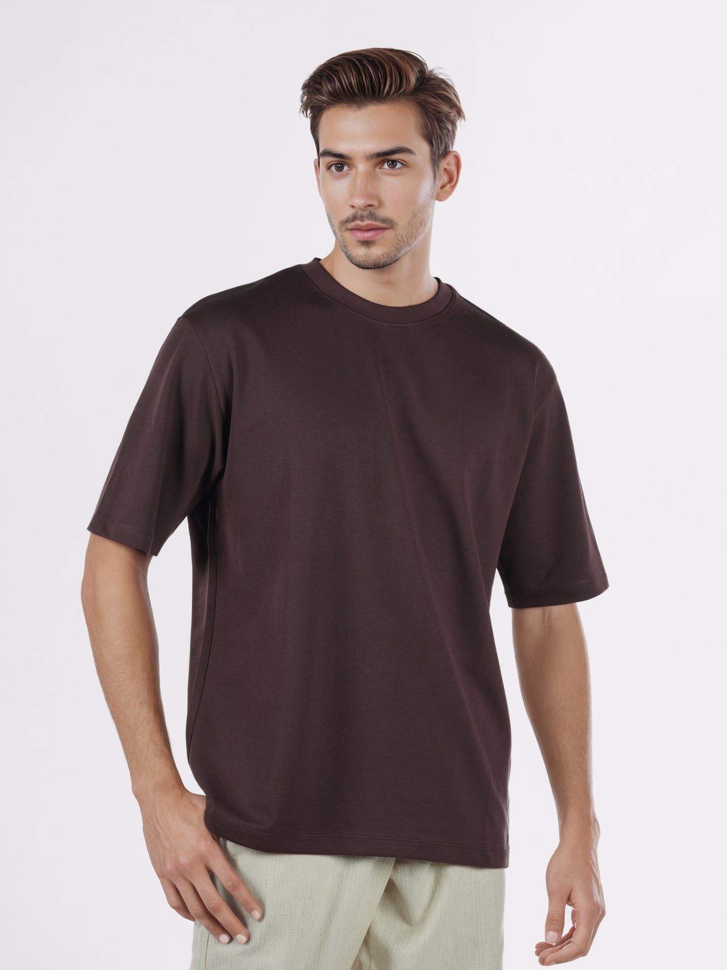 Celio* Men Brown Solid Oversized Cotton-Blend T-Shirts