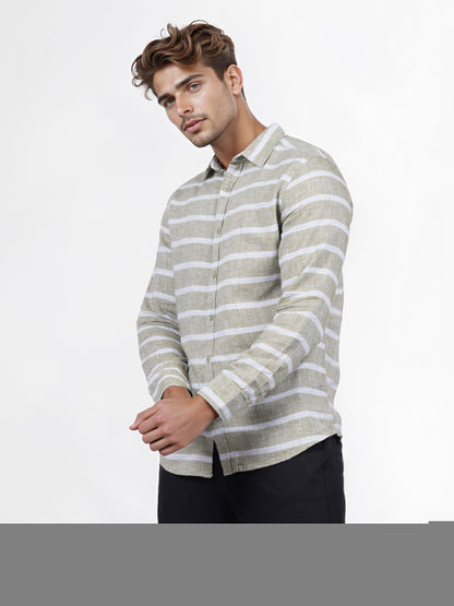 Celio* Men Green Striped Slim Fit Cotton Shirt
