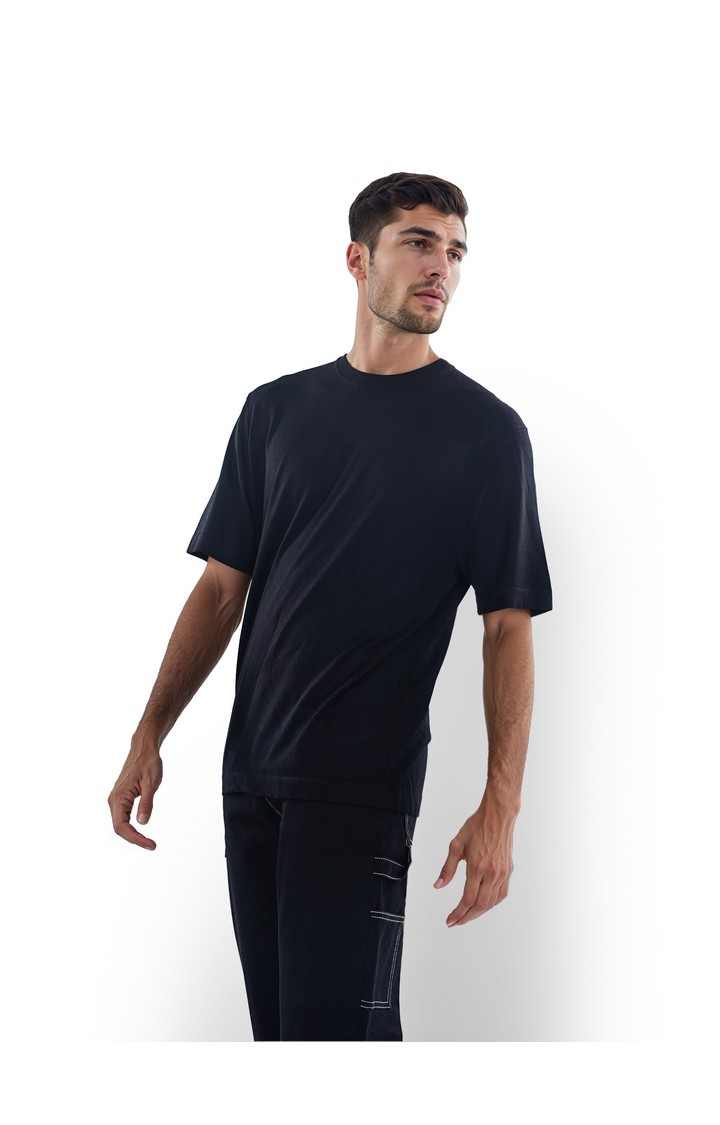 Celio* Solid Oversized Viscose Black T-Shirt