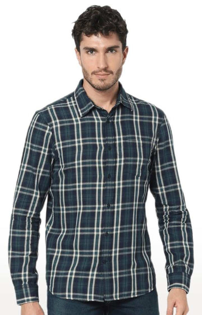 Celio Men Green Checked Regular Fit Cotton Shirts