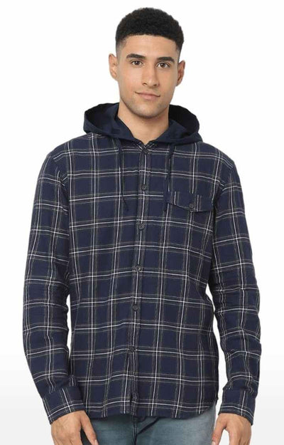 Celio Men Navy Blue Checked Regular Fit Cotton Shirts