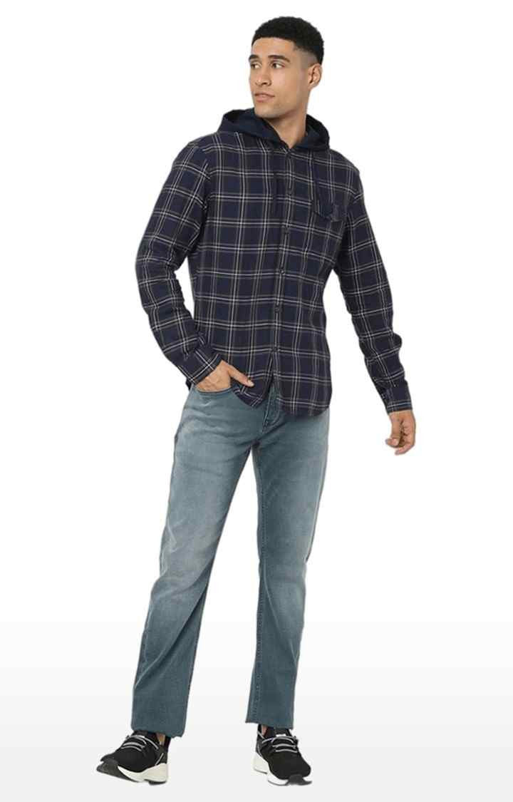 Celio Men Navy Blue Checked Regular Fit Cotton Shirts