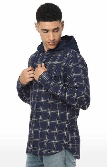 Celio Men Navy Blue Checked Regular Fit Cotton Shirts
