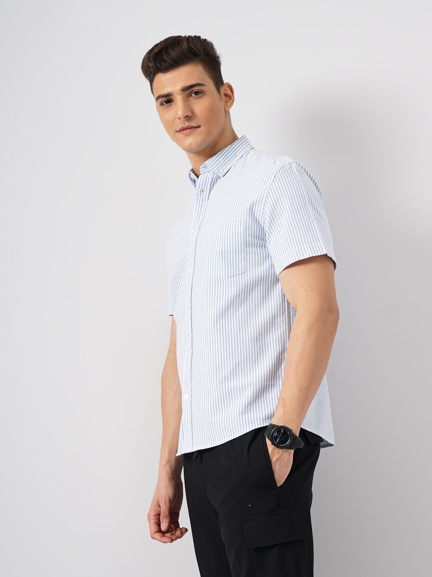 Celio* Striped Regular Fit Cotton Blue Shirt