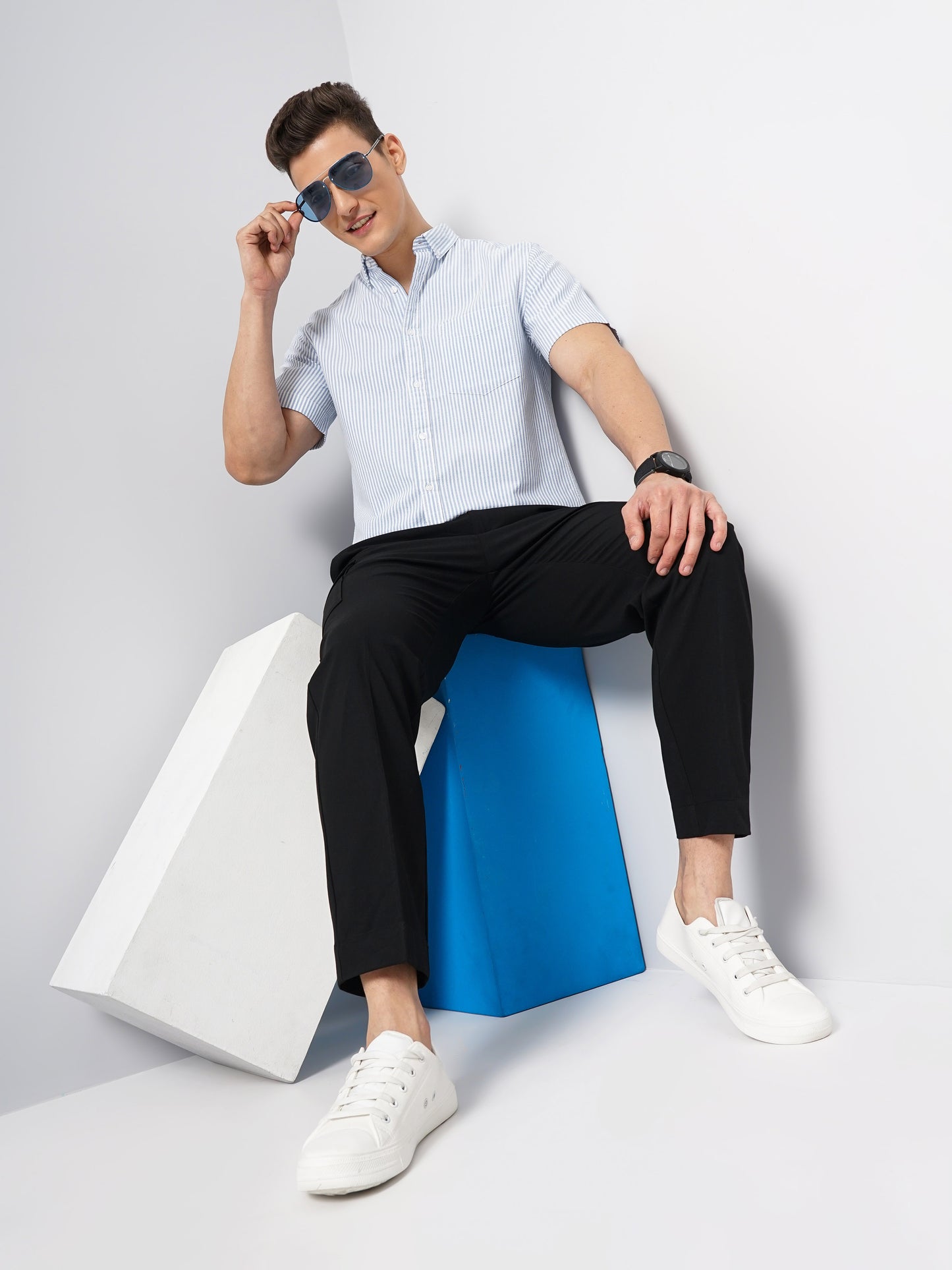 Celio* Striped Regular Fit Cotton Blue Shirt