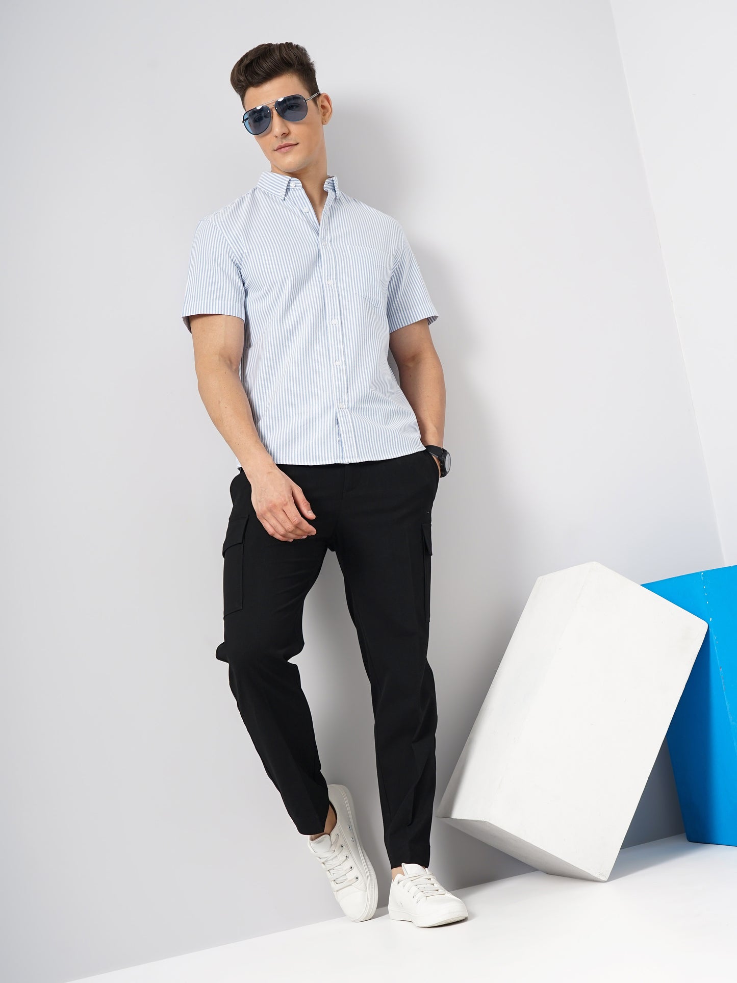 Celio* Striped Regular Fit Cotton Blue Shirt