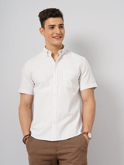 Celio* Striped Regular Fit Cotton Off White Shirt