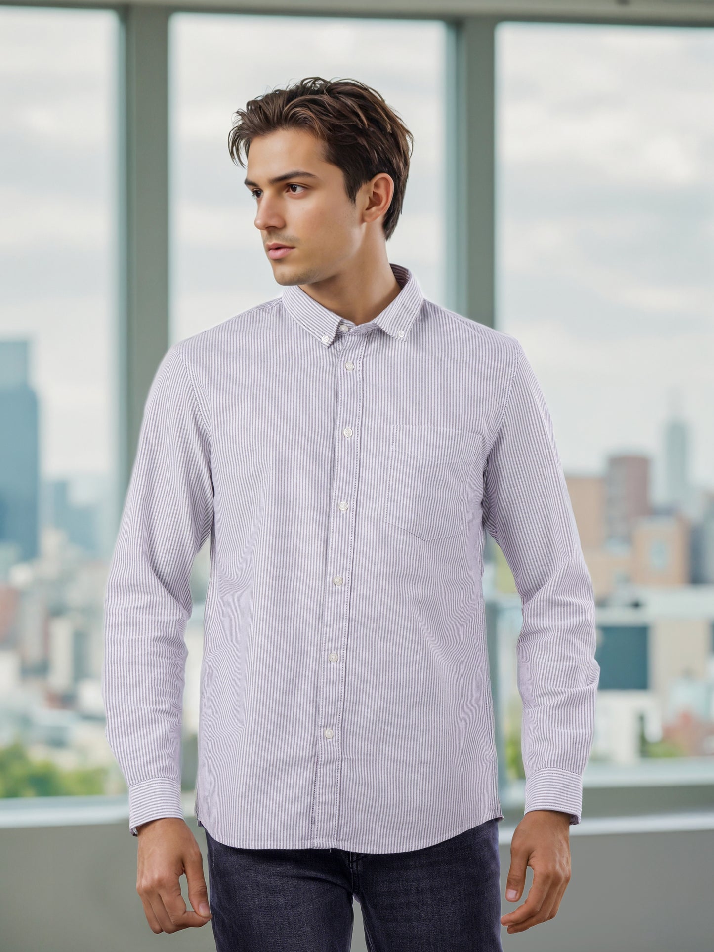 Celio* Men Purple Striped Regular Fit Cotton Shirts