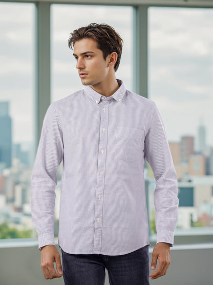 Celio* Men Purple Striped Regular Fit Cotton Shirts