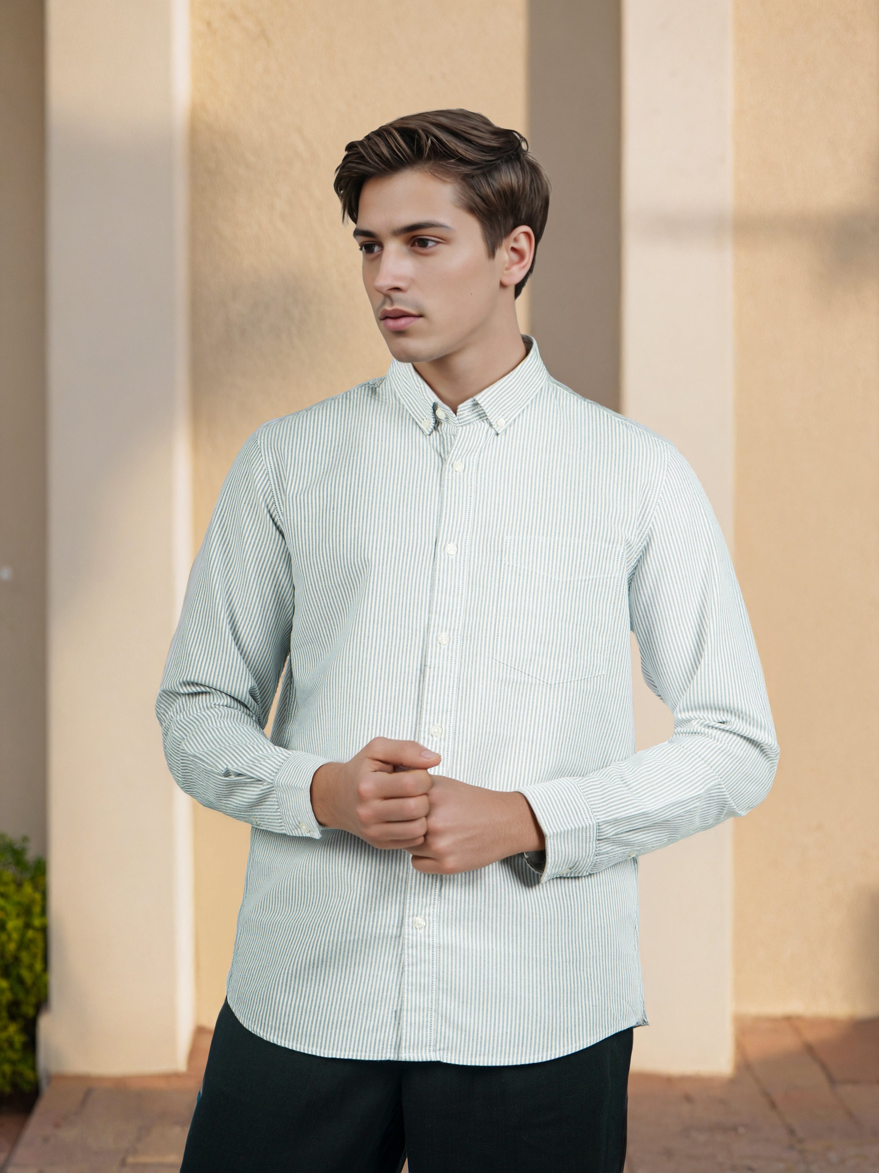 Celio* Men Green Striped Regular Fit Cotton Shirts