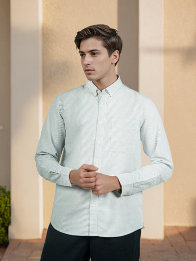 Celio* Men Green Striped Regular Fit Cotton Shirts