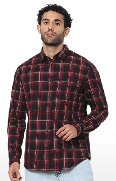 Celio Men Burgundy Checked Regular Fit Cotton Shirts