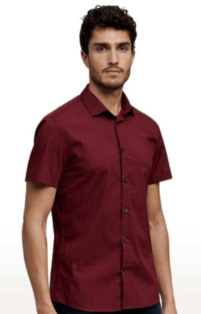Celio Men Maroon Solid Slim Fit Cotton Shirts
