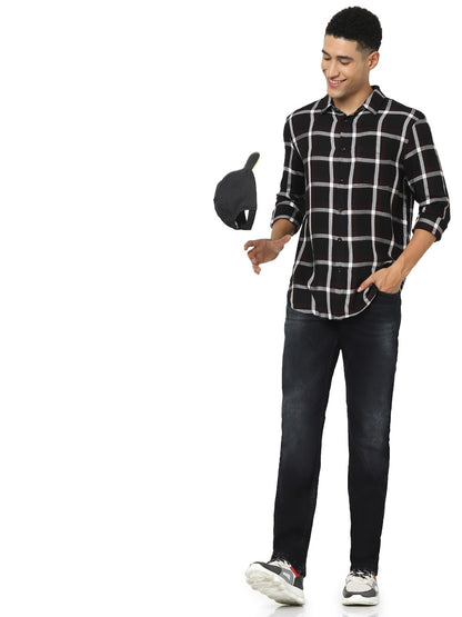 Celio Men Black Checked Regular Fit Viscose Shirts