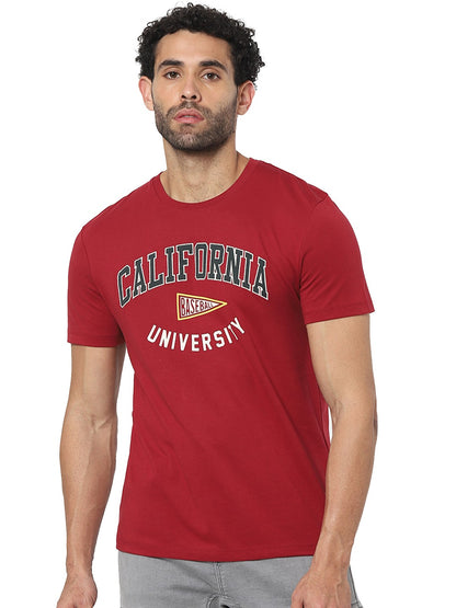 Celio Men Red Printed Straight Fit Cotton T-Shirts