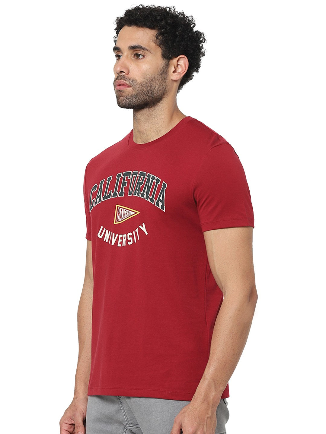 Celio Men Red Printed Straight Fit Cotton T-Shirts