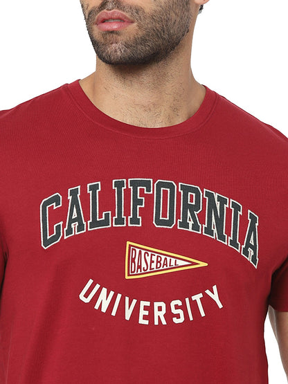 Celio Men Red Printed Straight Fit Cotton T-Shirts