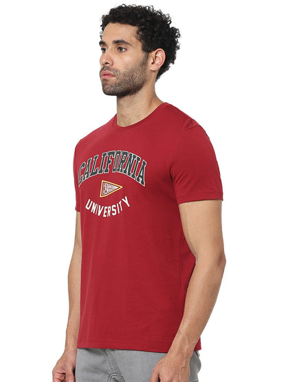 Celio Men Red Printed Straight Fit Cotton T-Shirts