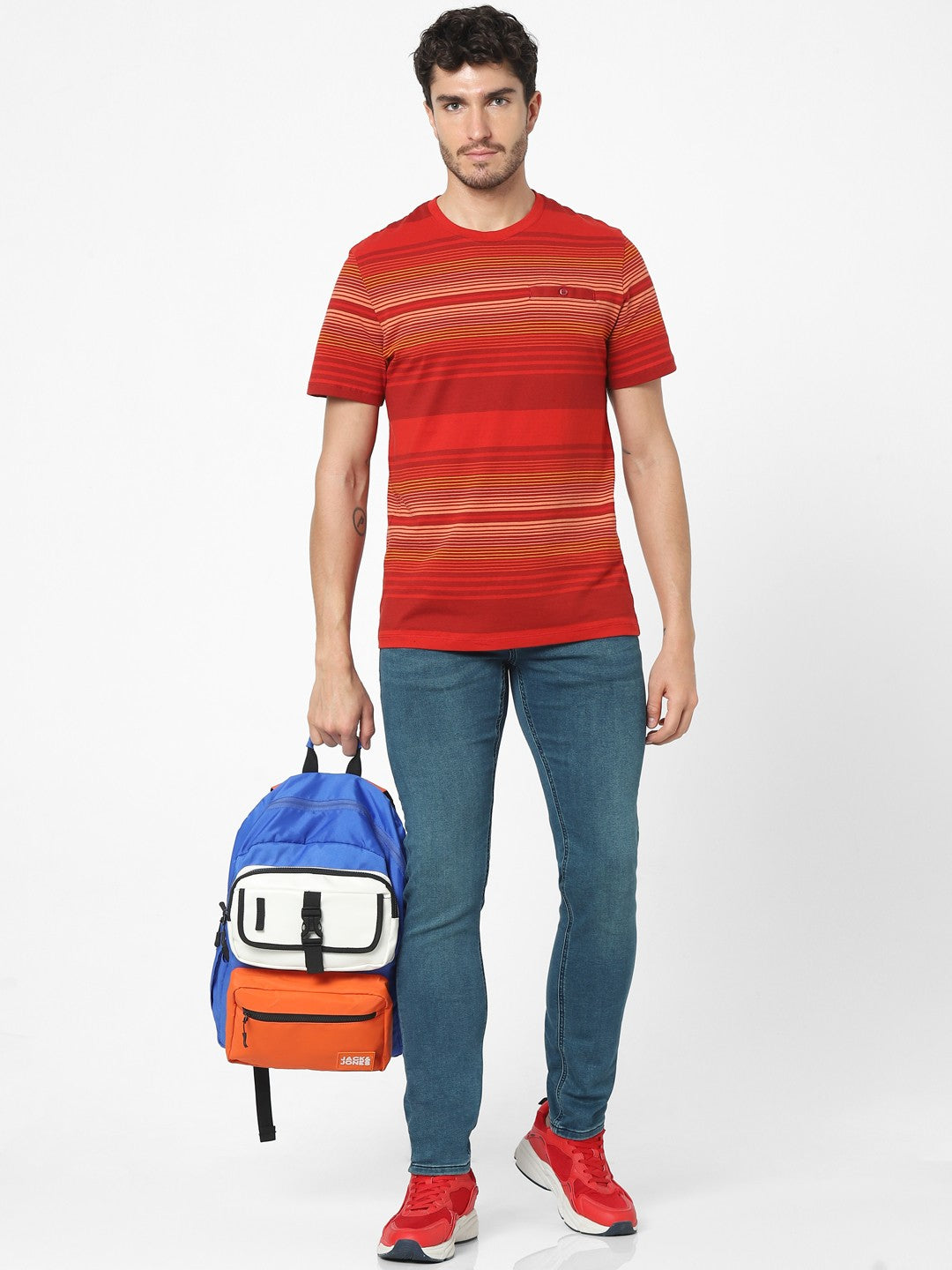 Celio Men Red Striped Regular Fit Cotton T-Shirts