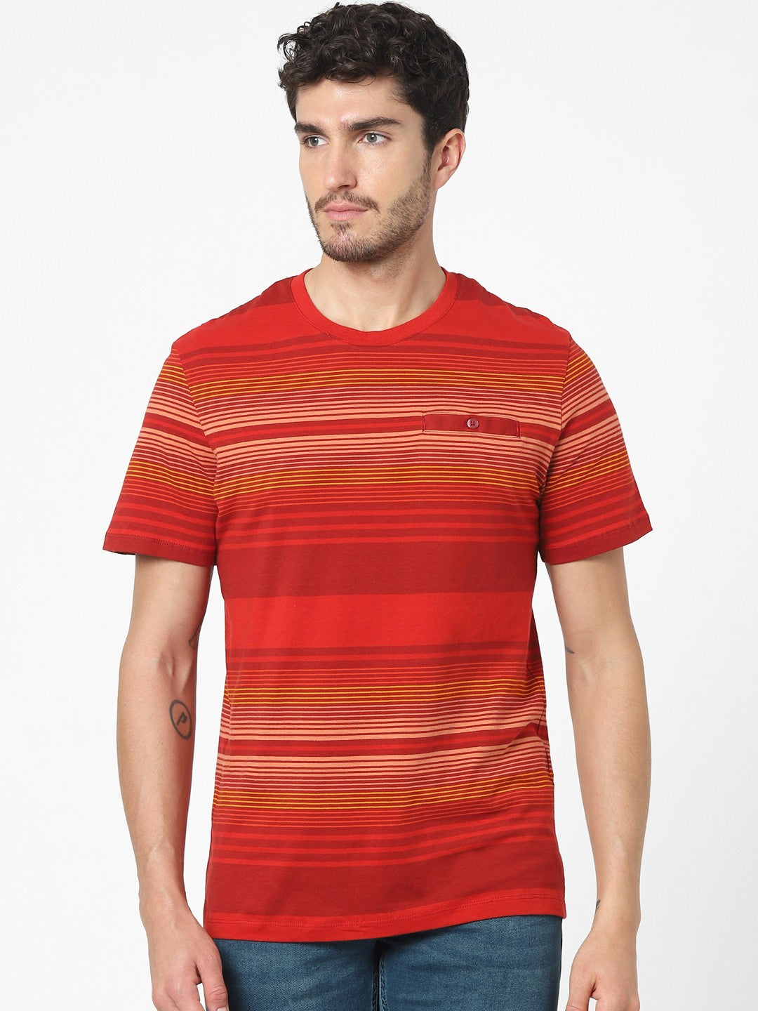 Celio Men Red Striped Regular Fit Cotton T-Shirts