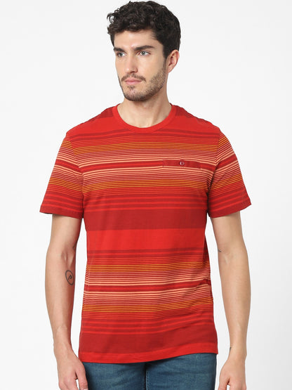 Celio Men Red Striped Regular Fit Cotton T-Shirts