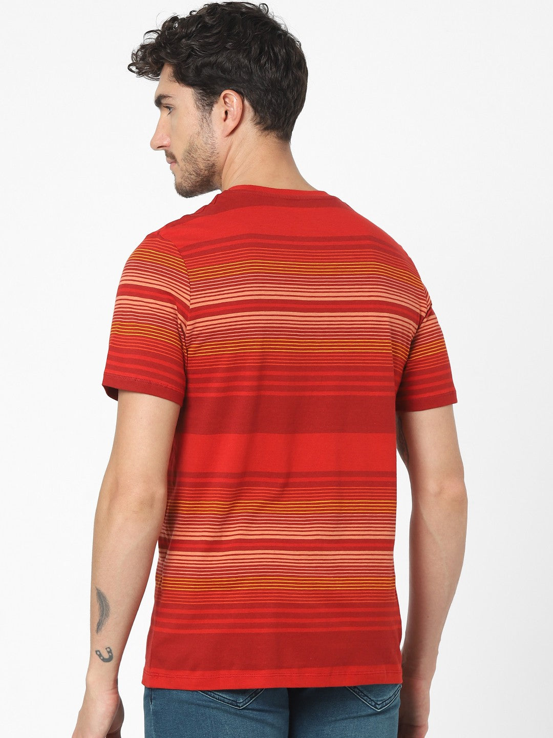 Celio Men Red Striped Regular Fit Cotton T-Shirts