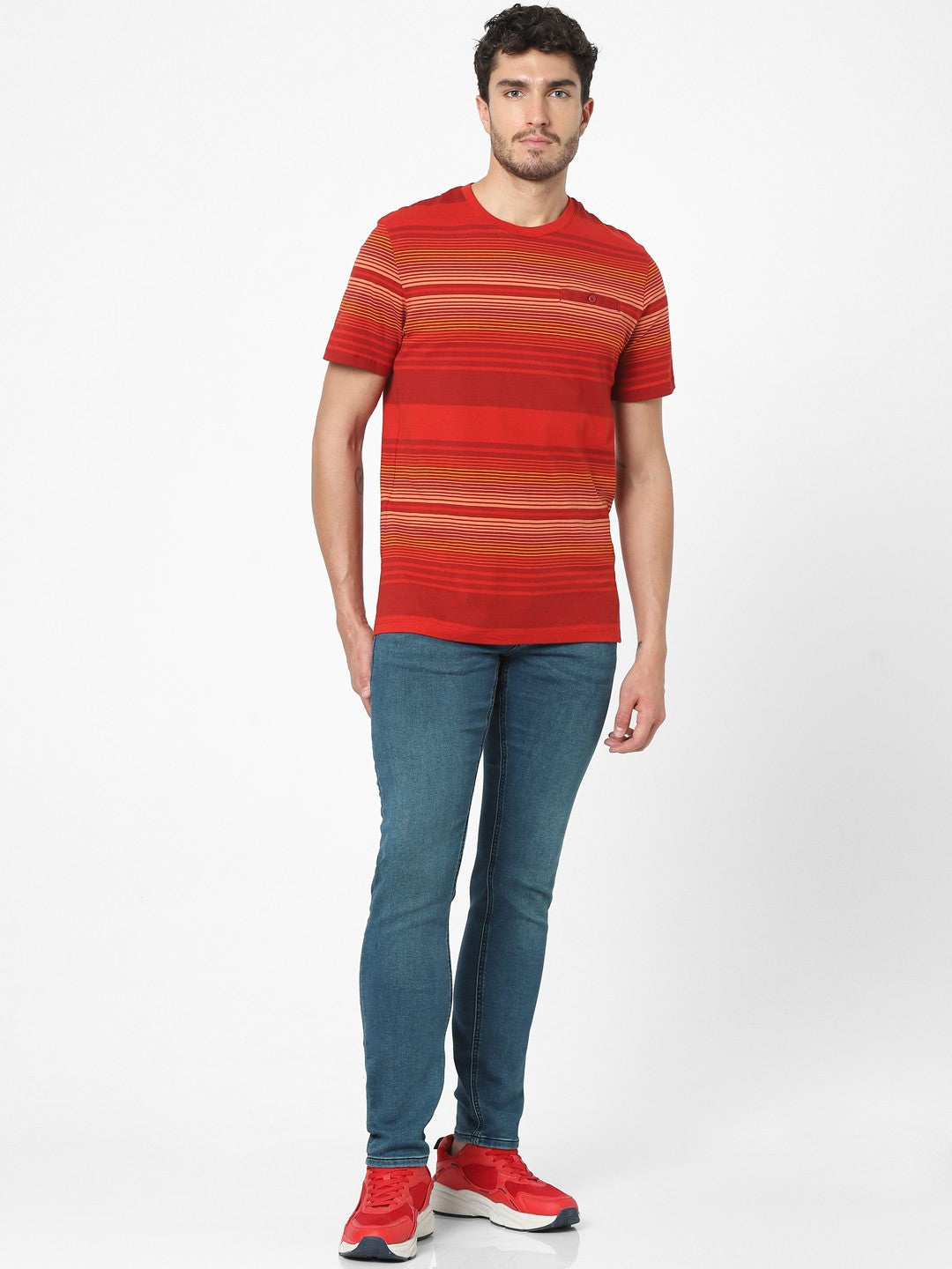 Celio Men Red Striped Regular Fit Cotton T-Shirts
