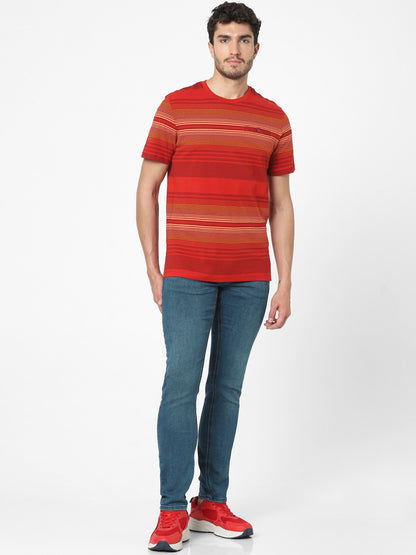 Celio Men Red Striped Regular Fit Cotton T-Shirts