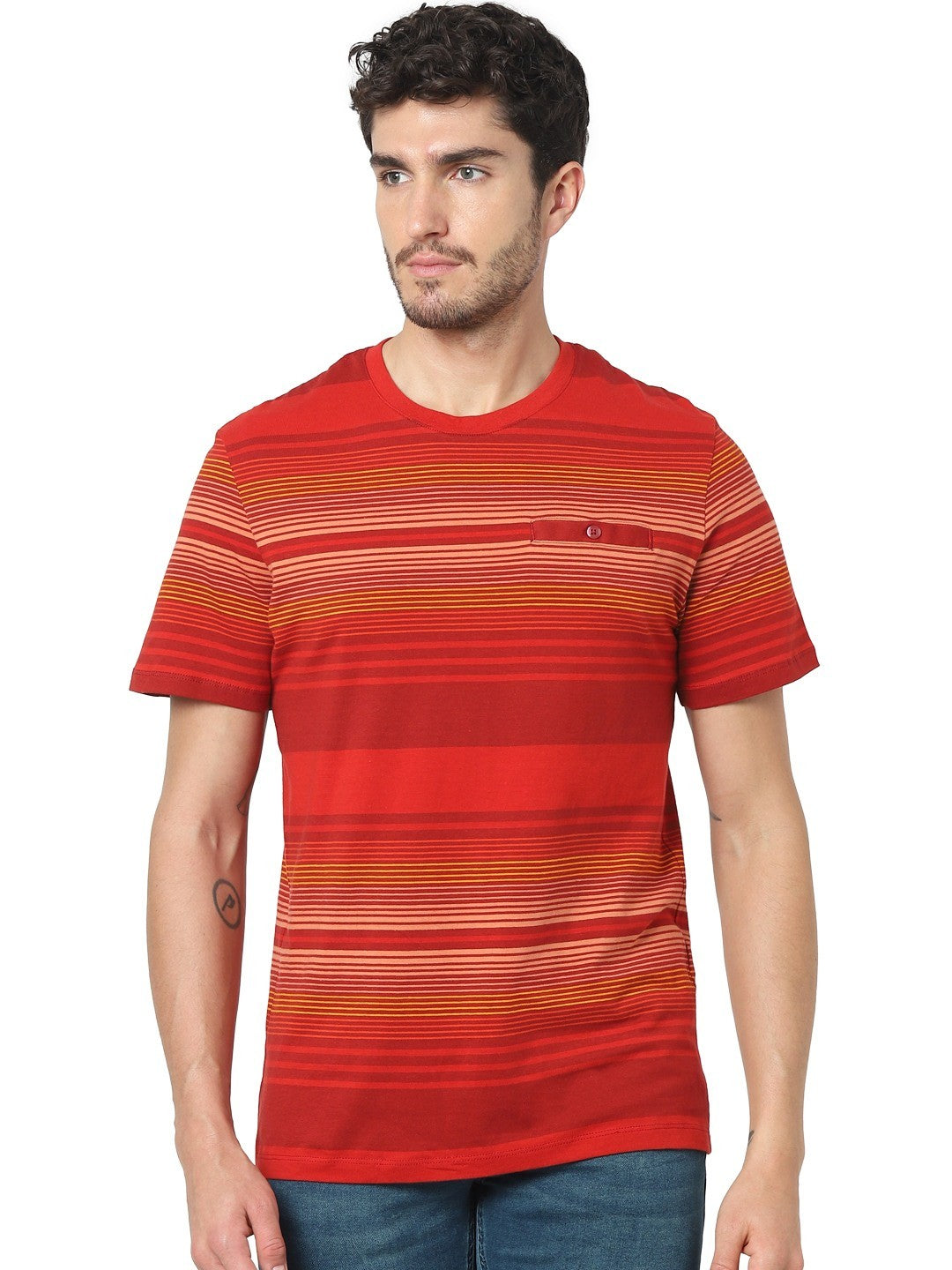 Celio Men Red Striped Regular Fit Cotton T-Shirts