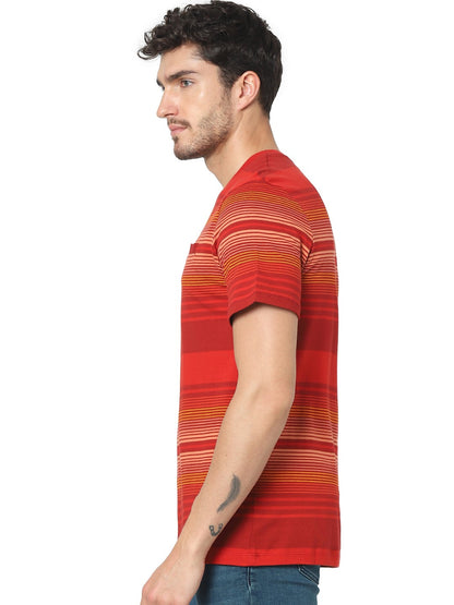 Celio Men Red Striped Regular Fit Cotton T-Shirts